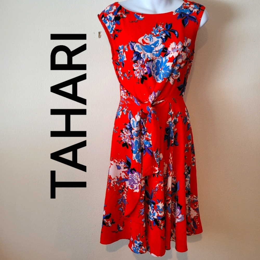 Tahari Red Floral Knot-Front Fit & Flare Dress